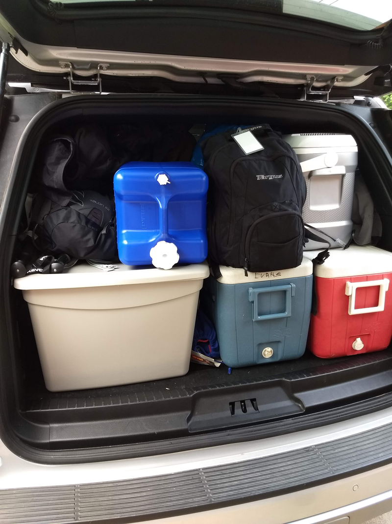 Rear end all loaded up with totes and coolers. Had to fold down the 60 part of the third row to get all the bags in.